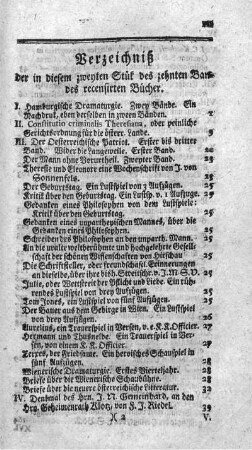 Verzeichniß der in diesem zweyten Stük des zehnten Bandes recensirten Bücher.