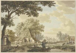 Enger Kanal bei einem Dorf, darauf ein Mann in einem Kahn, rechts Vieh, links Hühner