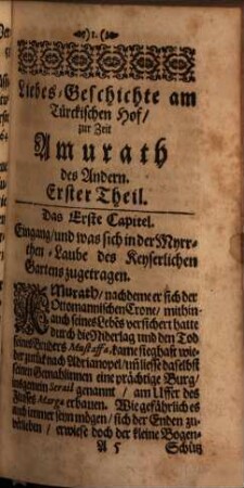 Warhaffte LiebesGeschichte am Türckischen Hof zur Zeit Amurath deß Andern ... : Auß dem Arabischen in das Hochteutsche übersetzet, 1
