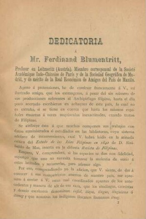 Dedicatoria á Mr. Ferdinand Blumentritt ...