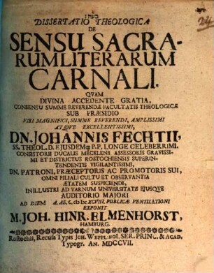 ... Dissertatio Theologica De Sensu Sacrarum Literarum Carnali