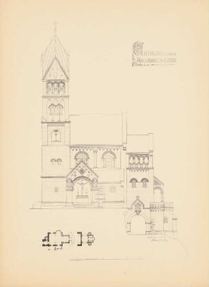 Wallfahrtskirche: Schnitt, Grundriss (aus: Drucke von Seminararbeiten der Königlich Technischen Hochschule Berlin, Bd. III)