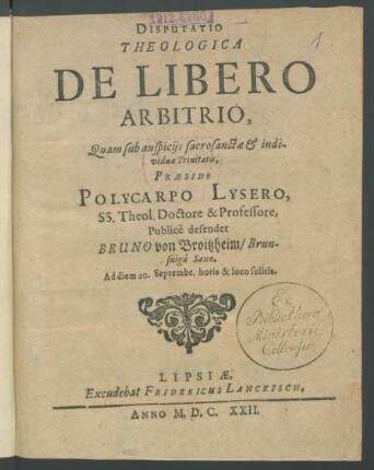 Disputatio Theologica De Libero Arbitrio