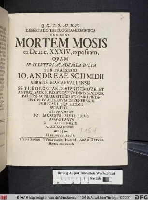 Dissertatio Theologico-Exegetica Exhibens Mortem Mosis ex Deut. c. XXXIV. expositam