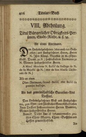 VIII. Abtheilung. Titul Bürgerlicher Obrigkeits-Personen, Stadt-Räthe, u.s.w.