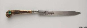 Kleines Messer zur Scheide eines Weidmessers / Garnitur bestehend aus Hirschfänger mit Scheide, Weidmesser mit Scheide, Jägerhorn, Schwedler, Pulverflasche, Hundehalsband und Leibgürtel