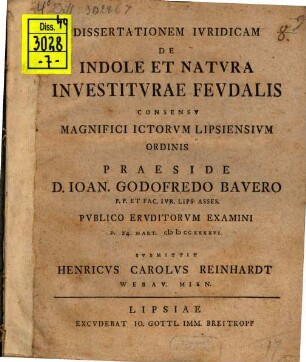 Dissertationem ivridicam de indole et natvra investitvrae fevdalis