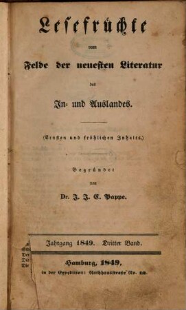 Lesefrüchte vom Felde der neuesten Literatur des In- und Auslandes. 1849,3, 1849,3