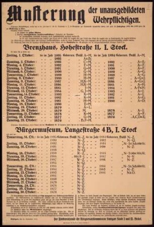 "Musterung der unausgebildeten Wehrpflichtigen" der Jahrgänge 1895 bis 1876. Bekanntgabe der Musterungstermine und -bestimmungen