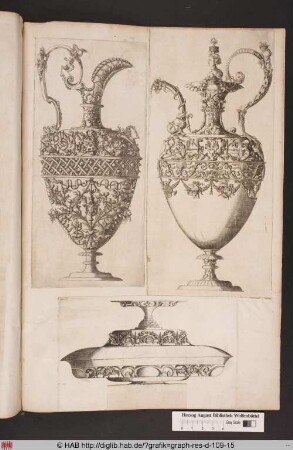Kanne mit ornamentalen Verzierungen, Grotesken, Vögeln, Schnecken, Muscheln und Waffen.