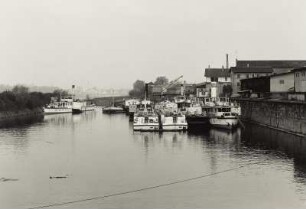 Dresden-Neustadt. Winterhafen der Weißen Flotte Dresden. Blick auf abgestellte Motorschiffe, Dampfer und Landunsgbrücken sowie Personen-Seitenraddampfer "Pirna" (1898, Werft Blasewitz) beim Anlegemanöver