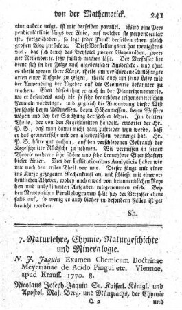 7. Naturlehre, Chymie, Naturgeschichte und Mineralogie.