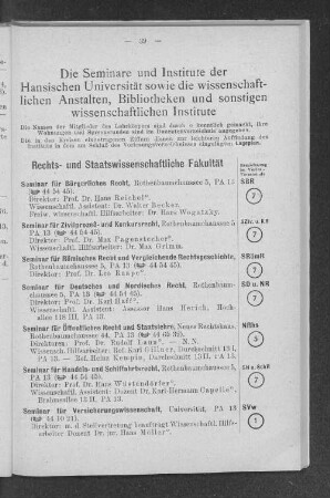 Die Seminare und Institute der Hansischen Universität sowie die wissenschaftlichen Anstalten, Bibliotheken und sonstigen wissenschaftlichen Institute