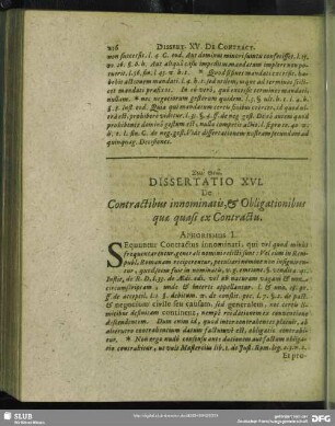 Dissertatio XVI. Contractibus innominatis, & Obligationibus quae quasi ex Contractu