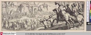 [Schlacht zur Einnahme einer Befestigung; Battle Taking Place along a Fortification with three large Towers and a Gate]