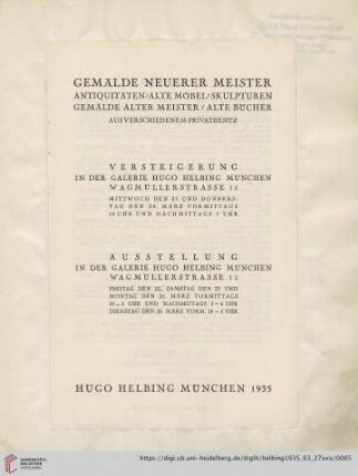 Gemälde neuerer Meister : Antiquitäten, alte Möbel, Skulpturen, Gemälde alter Meister, alte Bücher aus verschiedenem Privatbesitz; Versteigerung 27. und 28. März, 1935