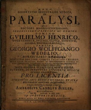 Dissertatio Inavgvralis Medica, De Paralysi