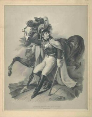 Kürassier in Brustpanzerung und Zierhelm, stehend sein Pferd am Zügel haltend
