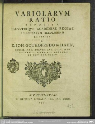 Variolarum Ratio Exposita, Illustrique Academiae Regiae Scientarum Berolinensi Exhibita
