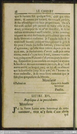 Lettre XVI. Replique a la precedente