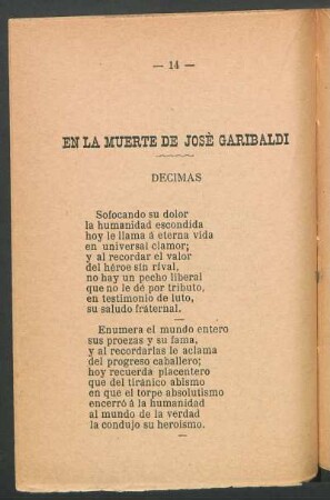 En la muerte de José Garibaldi : Décimas