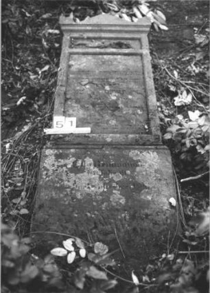 Grabstein 51 (Index: 100105910) Material: Sandstein Zustand: Stein liegend, stark verwittert mit Textverlust Maße HxBxT: 179x60x18 cm Beschreibung: Stele, Sockel, Giebel mit stilisierten Eckakroteren, rechteckiges Schriftfeld eingetieft Symbolik: Palmzweig: Grabstein 51