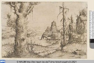 Flusslandschaft mit großem Baum links