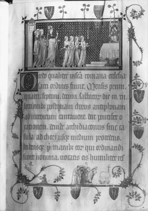 Pontifikál Renauda (Reginarda) z Baru / Pontifikál Karla Lotrinského / Pontifikale des Rainald von Bar / Pontifikale de Renaud de Bar — Ordo de VII gradibus ecclesiasticis, Prozession zur Amtseinführung, Folio 10r