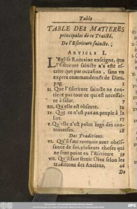 Table Des Matieres principales de ce Traicté.