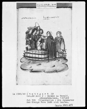Salman und Morolf, Folio 301 recto - 399 verso — Salman und Morolf, Folio 301 recto - 399 versoDie Schwester des Königs Fore lässt sich taufen, Folio 328 recto