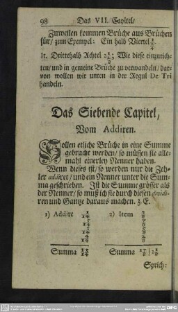 Das Siebende Capitel, Vom Addiren