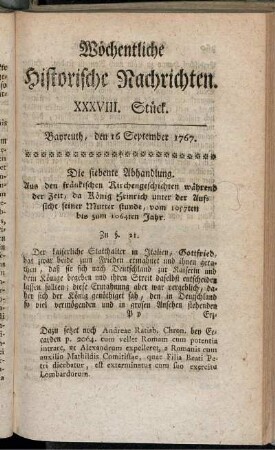 XXXVIII. Stück. Bayreuth, den 16 September 1767.