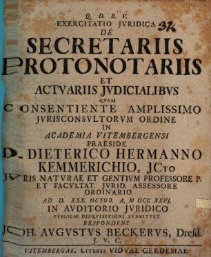 Exercitatio iur. de secretariis, protonotariis, et actuariis iudicial.