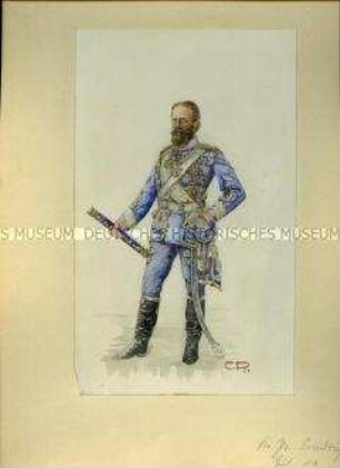 Uniformdarstellung, Kronprinz Friedrich von Preußen als Chef des Königlich Sächsischen Husaren-Regiments Nr. 19, Sachsen, 1871/1888.