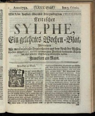 (LXXX. Stück.) den 3. Octobr. Anno 1752.