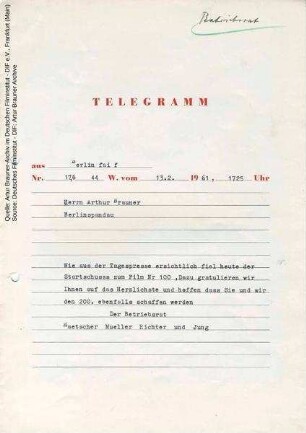 Telegramm von CCC Betriebsrat an Artur Brauner, 13.02.1961
