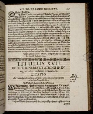 Titulus XVII. De Petitione Restitutionis In Integrum adversus latam sententiam.