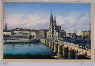 Stadtansicht von Dresden, Blick von der Neustädter Seite in Höhe des Narrenhäusl über die Augustusbrücke auf die Altstadt