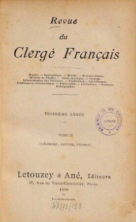 Revue du clergé français. 9. 1896 = Année 3