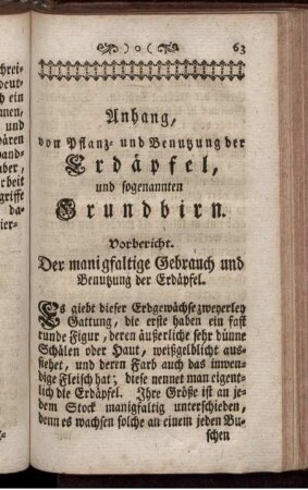 Vorbericht. Der manigfaltige Gebrauch und Benutzung der Erdäpfel.