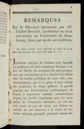 Remarques Sur le Discours prononcé par Mr. l'Abbé Brendel, professeur en droit canonique en l'université de Strasbourg, faites par un de ses confrères