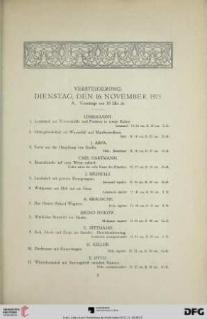 Versteigerung: Dienstag, den 16. November 1915 (Nr. 1-235)