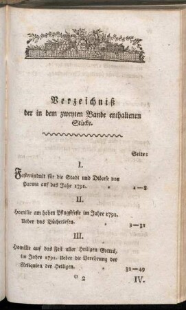 Verzeichniß der in dem zweyten Bande enthaltenen Stücke