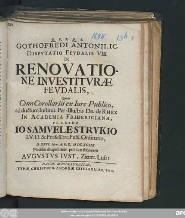 Gothofredi Antonii, IC. Disputatio Feudalis VIII De Renovatione Investiturae Feudalis