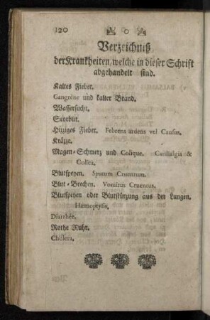 Verzeichniß der Krankheiten, welche in dieser Schrift abgehandelt sind.
