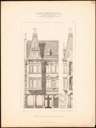 Wohnhaus: Grundriss, Ansicht, Fassadenschnitt vertikal (aus: Samml. architekt. Entwürfe d. Studierenden der TH Berlin, 1881-1882, hrsg.v. Herrmann Ende)