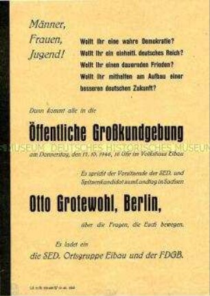 Einladung der Ortsgruppe Eibau der SED und des FDGB zu einer öffentlichen Großkundgebung anlässlich der Landtagswahlen 1946 mit einem Referat des Spitzenkandidaten für Sachsen, Otto Buchwitz