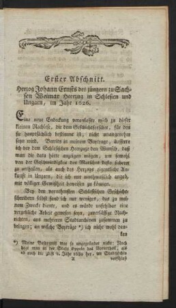 Erster Abschnitt. Herzog Johann Ernsts des jüngern zu Sachsen Weimar Heerzug in Schlesien und Ungarn, im Jahre 1626