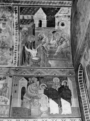 Unten: Maria wäscht Petrus die Füsse. Oben: Fußwaschung Christi