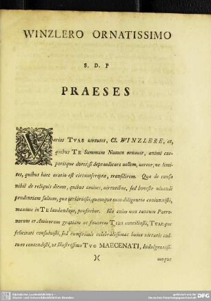 Winzlero Ornatissimo S. D. P Praeses